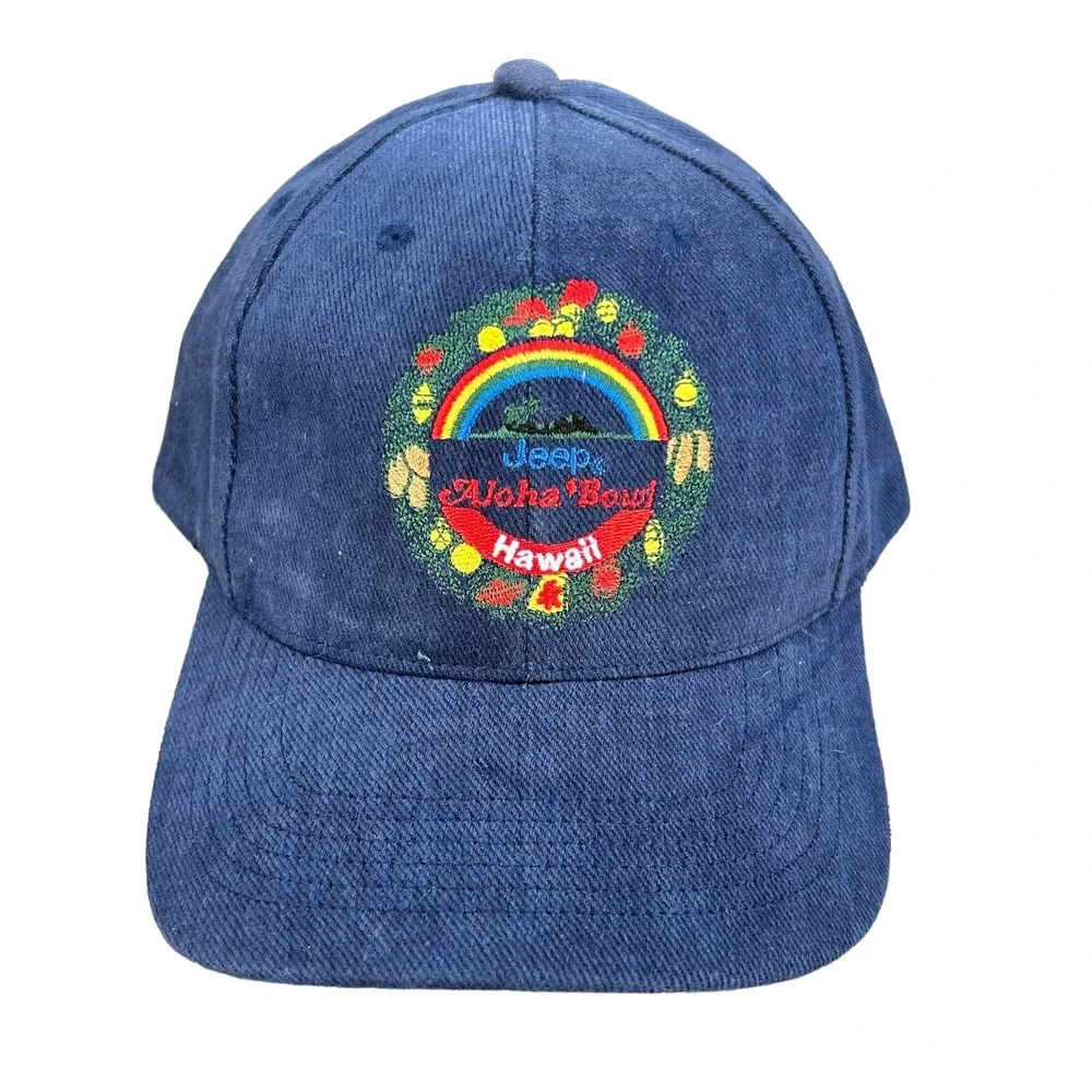 VTG Aloha Bowl Hat Hawaii Jeep Christmas Day Snap Back Twill 90s Blue Ball Cap